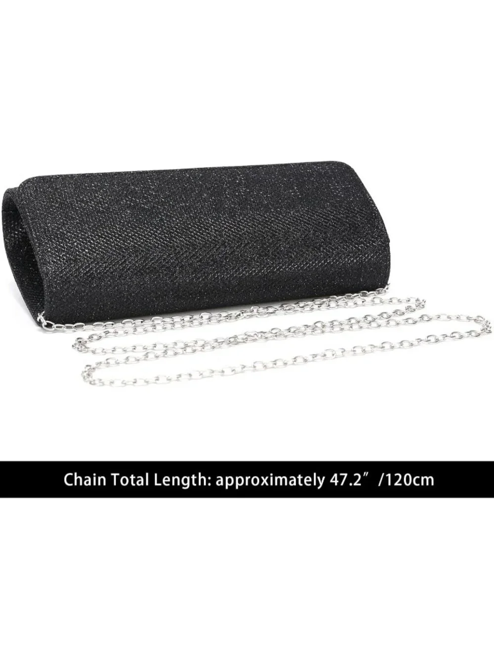 Women's Black Glitter Clutch Purse Evening Bag With Chain For Wedding Handbag